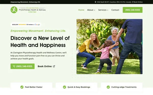 Home page of Clarington Physiotherapy, physiotherapy clinic in Courtice and Clarington